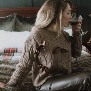Brown Cable Knit Sweater with Bow Accents